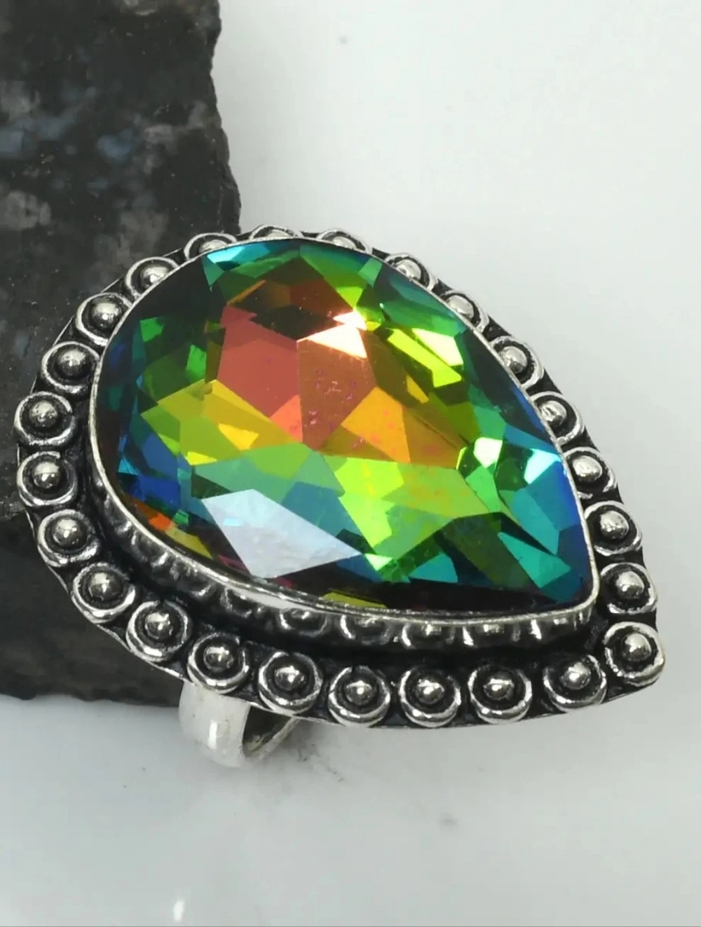 Multicolor "Mystic Topaz" Teardrop Stamped .925 Ring Sz 7.75